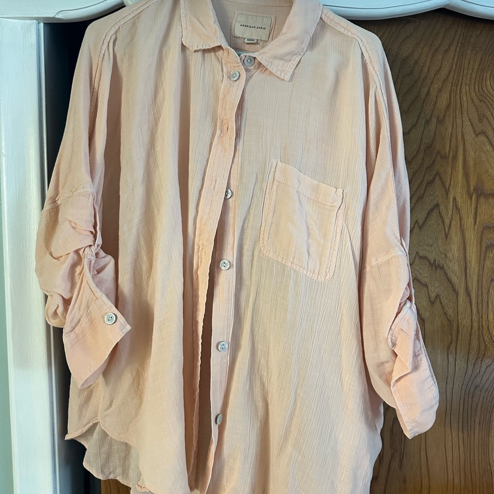 American Eagle Outfitters Light Peach Go Big Casual Button Down Shirt